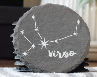 Posavasos de pizarra con el signo del zodíaco Virgo / Constelación de Virgo grabada con láser / Decoración de regalo astrológico