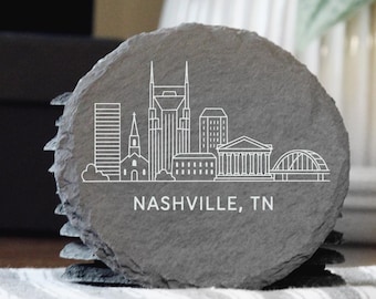 Posavasos de pizarra con el horizonte de Nashville, TN - Hechos a mano