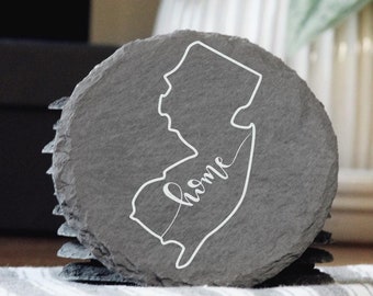 Posavasos de pizarra de Nueva Jersey: regalo rústico del estado grabado con láser
