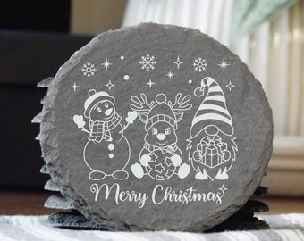 Posavasos navideños de pizarra grabados con láser: decoración navideña de gnomos