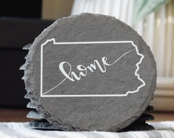 Posavasos de pizarra de Pensilvania: regalo rústico del estado grabado con láser