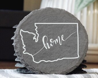 Posavasos de pizarra de Washington: silueta del estado grabada con láser, regalo rústico para el hogar