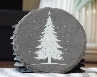 Laser Engraved Christmas Tree Slate Coaster: Rustic Holiday Decor