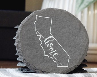Posavasos de pizarra con diseño de California Home: contorno del estado grabado a láser, decoración rústica, regalo único de California