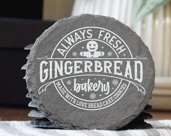 Posavasos de pizarra de panadería de jengibre: decoración navideña grabada con láser