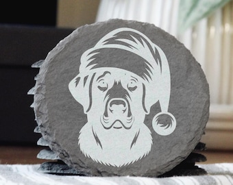Laser Engraved Santa Dog Slate Coaster: Rustic Christmas Decor