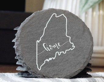 Maine "Home" Laser-Engraved Slate Coaster, Rustic State Decor, Personalized Drinkware, State Keepsake Gift