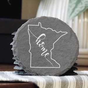 Minnesota Slate Coaster | &quot;Home&quot; Laser Engraved | Rustic State Gift | Slate Drink Coaster | Housewarming Gift
