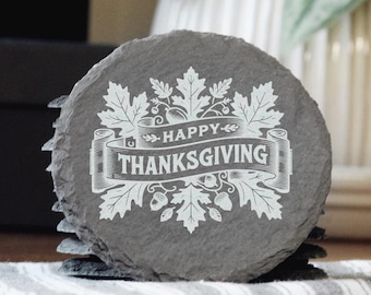 Thanksgiving Greeting Engraved Slate Coasters | Thanksgiving Holiday | Housewarming Gift