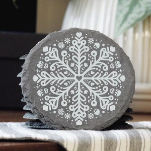 Laser Engraved Snowflake Slate Coaster: Handmade Winter Decor