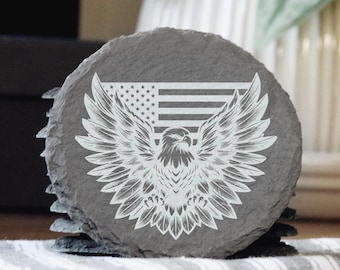 Posavasos de pizarra grabados con láser: águila y bandera americanas, decoración patriótica rústica