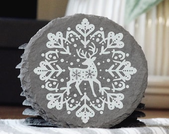 Laser Engraved Reindeer Slate Coaster: Rustic Christmas Decor