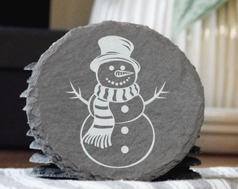Laser Engraved Snowman Slate Coaster: Rustic Holiday Decor
