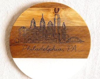"Philadelphia PA gravierte Marmor-Holz Untersetzer."