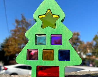 Wooden Gem Christmas Tree Sets, Rainbow Acrylic Twinkle Gem Building Blocks, Sensory Toys for Kids