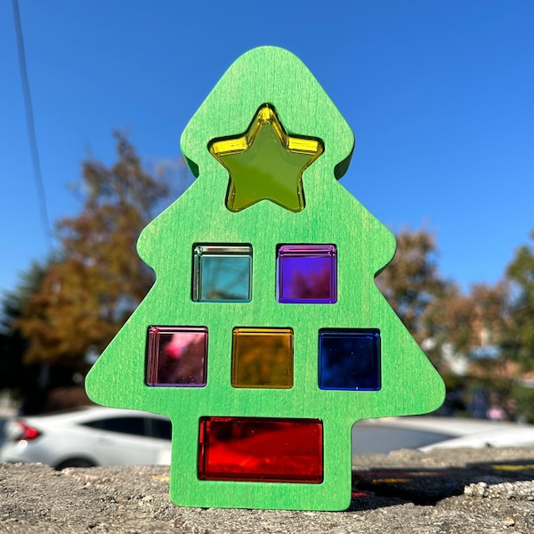 Wooden Gem Christmas Tree Sets, Rainbow Acrylic Twinkle Gem Building Blocks, Sensory Toys for Kids