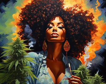 Mujer Afro: Sueño de Marihuana - Pintura al óleo original, 150x150 cm