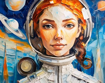 Stellar Voyager: Futuristic Oil Painting of a Woman in Space Suit with Planets - 110x110 cm