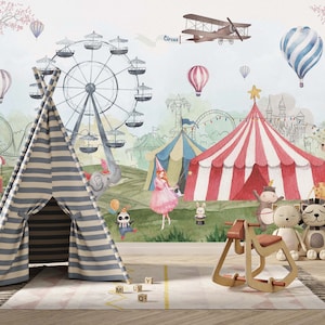 Circus Kids Wallpaper - Peel and Stick Nursery Wall Mural Self-Adhesive Wallpaper - Hot Air Balloons Wallpaper - Kids Wallpaper - Child Room