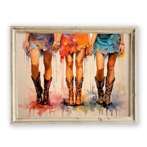 Cowgirl Stiefel Wand Kunstdruck, bunte Aquarell Cowgirl Druck, Western Themen digitale Kunst, Cowgirl Geschenk, Country Cowgirl Geschenk