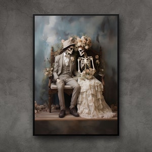 PRINTABLE Halloween Skeleton Couple Wall Art, Watercolor Vintage Skeleton Couple Painting, Skeleton Bride and Groom, Digital Download