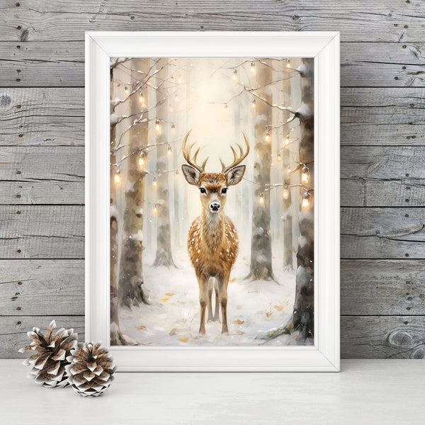 PRINTABLE Reindeer Christmas Wall Art, Watercolor Reindeer Painting Digital Download, Deer Christmas Print Decor