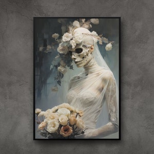 PRINTABLE Skeleton Bride Wall Art, Halloween Wall Decor, Gothic Wall Art, Spooky Watercolor Art, Halloween Digital Art, Corpse Bride Art