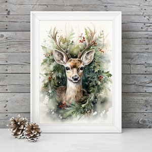 IMPRIMIBLE Reno Navidad pared arte, acuarela reno pintura descarga digital, corona de ciervo impresión de Navidad decoración