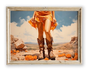 Cowgirl Boots Wall Art Print, Orange Watercolor Cowgirl Print, Western Themed Digital Art, Cowgirl Gift, Country Cowgirl Present