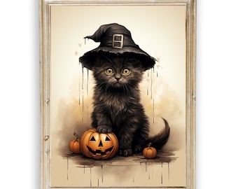 IMPRIMIBLE Arte del gato negro de la pared de Halloween, lindo gato negro impresión de bruja de Halloween, impresión de la pared de Halloween de la acuarela, gato negro y calabaza