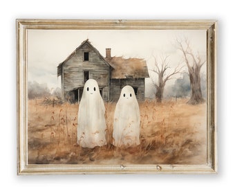 PRINTABLE Ghosts Halloween Wall Art, Halloween Decor, Cute Ghosts in Field, Spooky Vintage Halloween, Ghost Art Digital Download