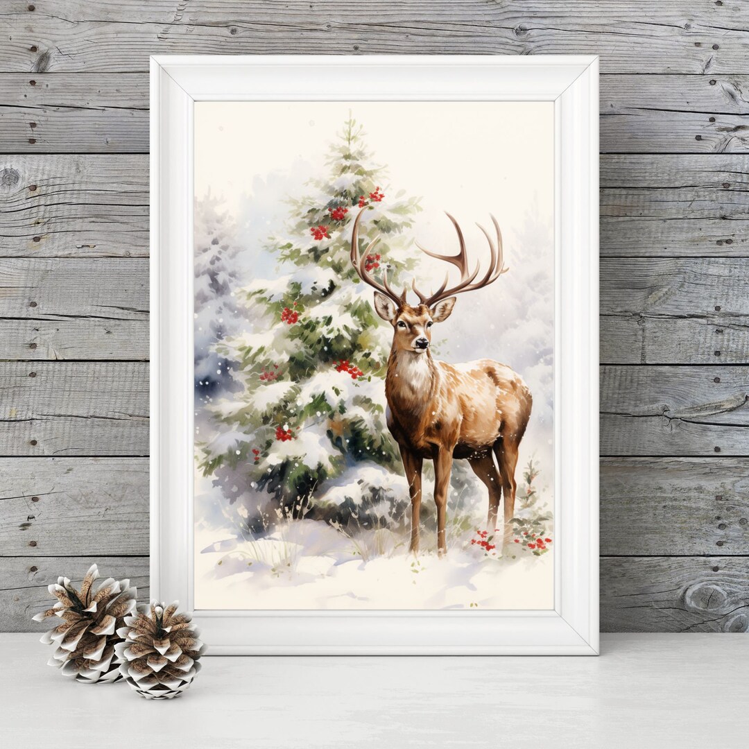 PRINTABLE Reindeer Christmas Wall Art, Watercolor Reindeer Painting