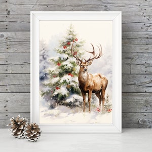 IMPRIMIBLE Reno Navidad pared arte, acuarela reno pintura descarga digital, ciervo Navidad impresión decoración