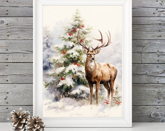 PRINTABLE Reindeer Christmas Wall Art, Watercolor Reindeer Painting Digital Download, Deer Christmas Print Decor