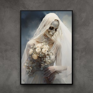 PRINTABLE Skeleton Bride Wall Art, Halloween Wall Decor, Goth Wall Art, Spooky Watercolor Painting, Halloween Digital Art, Corpse Bride Art