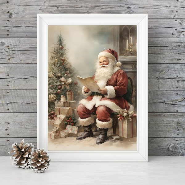 PRRINTABLE Santa Christmas Wall Art, Santa Print Digital Download, Christmas Decor, Vintage Santa Checking His List, Santa Watercolor Print