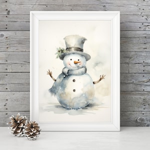 PRINTABLE Snowman Wall Art, Watercolor Snowman Painting Digital Download, Snowman Print, Christmas Wall Decor