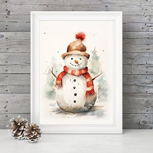 DRUCKBARE Schneemann Wandkunst, Aquarell Schneemann Malerei Digital Download, Weihnachten Schneemann Druck, Weihnachten Wanddekor