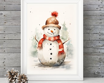 PRINTABLE Snowman Wall Art, Watercolor Snowman Painting Digital Download, Christmas Snowman Print, Christmas Wall Decor
