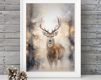 PRINTABLE Reindeer Christmas Wall Art, Watercolor Reindeer Painting Digital Download, Deer Christmas Print Decor, Christmas Wall Decor