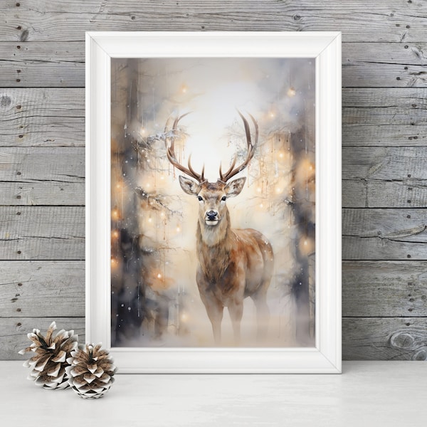 PRINTABLE Reindeer Christmas Wall Art, Watercolor Reindeer Painting Digital Download, Deer Christmas Print Decor, Christmas Wall Decor