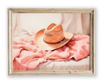Cowgirl Hat Wall Art Print, Cowgirl aquarelle rose Print, Western Themed Art, Cowgirl Gift, Country Cowgirl Present, Preppy Pink Print