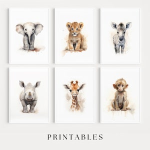 PRINTABLE Animal Safari Nursery Wall Art, Nursery Decor, Baby Animal Prints for Kids Room, SET of 6 Cute Safari Animals Digital Download