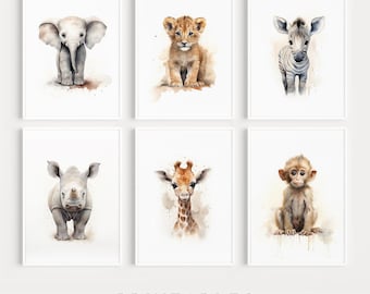 DRUCKBARE Tier Safari Kinderzimmer Wandkunst, Kinderzimmer Dekor, Baby Animal Prints für Kinderzimmer, SET von 6 niedlichen Safari Tiere digitaler Download