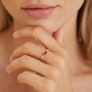 Sozuer Minimalist Three Stone Ruby Diamond Baguette Ring, Rose Gold Wedding, Stacking & Promise Ring image 3