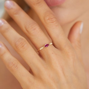 Sozuer Minimalist Three Stone Ruby Diamond Baguette Ring, Rose Gold Wedding, Stacking & Promise Ring image 7