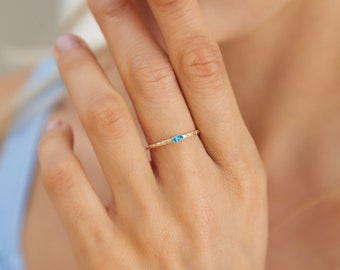 Sozuer Dainty Initial Stacking Ring Set in Gold with Aqua Marine - Notched, Lined, and Twist Rings - Gift For Her