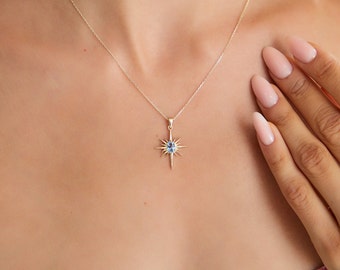 Polar Star Gold Necklace with Blue Stone - The Best Gift, Gift for Girlfriend, New Year's Gift