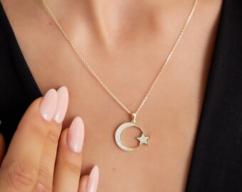 Gold Necklace with Star and Crescent Stone - Suitable for Daily Use, Gift for Girlfriend