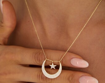 Moving Moon and Star Gold Necklace - Gift For Mom, Minimalist Necklace